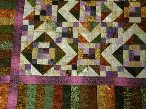 Download Stars and Squares quilt, purple with green, brown, gold